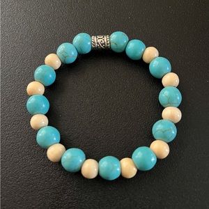 Genuine Turquoise Bracelet w/natural color wood beads. Handmade